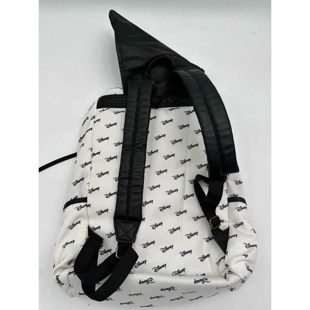 Disney Logo Slouch Backpack Women's‎ Black White Faux Leather Flap Drawstring
